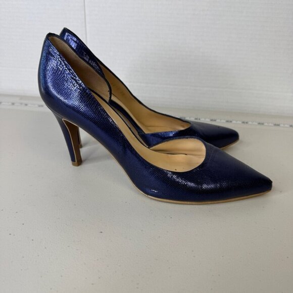 Brenda Zaro Blue Metallic Textured Leather Pump Heels Made In Spain Size 38 - Picture 4 of 15
